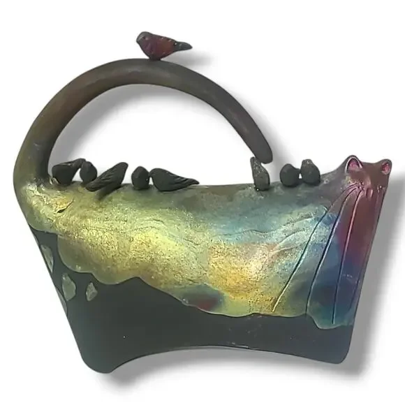 Raku Art Pottery "Fried Cats" Carole Fleischman Cat &Birds Sculpture Fugurine 8"
